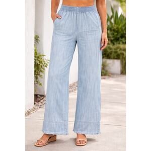 Alice + Olivia Blue Chambray High Rise Wide Leg Pull On Pants Medium